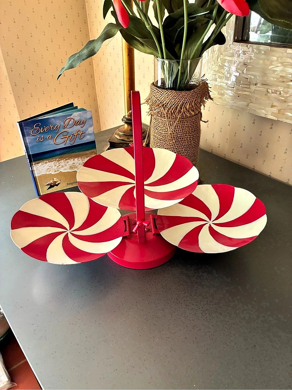 3 Tier, RED and CREAM peppermint swirl serving tray, folds up. Carry handle.
